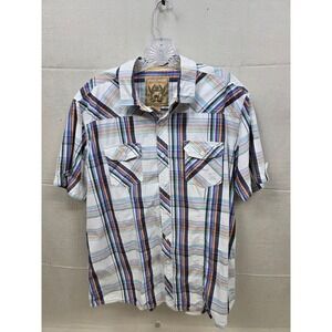 Red Camel Men XL Short Sleeve Button Down Shirt Plaid Cotton Multi-Color Pockets
